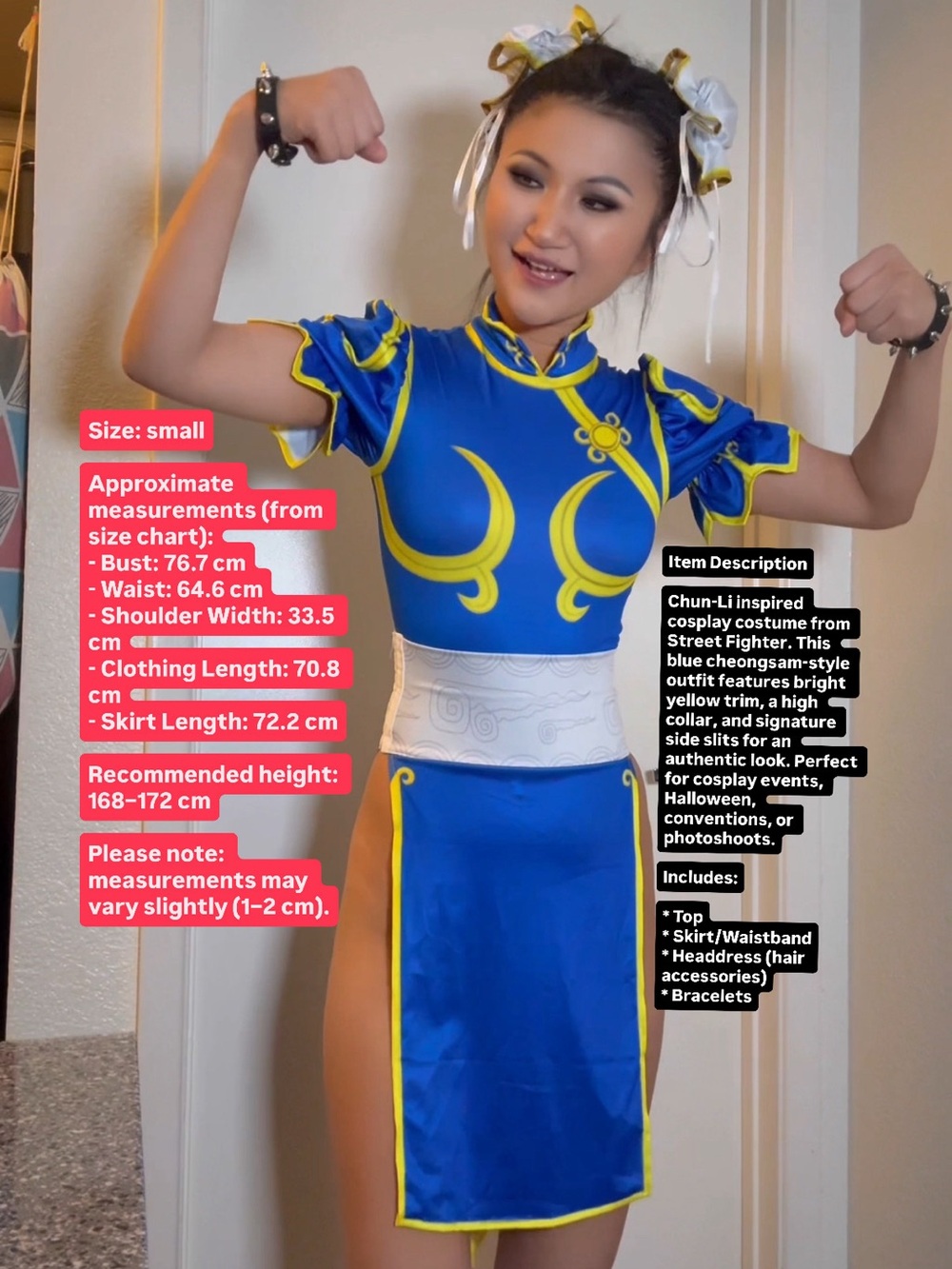 Street Fighter Chun-Li Cosplay Costume Blue Cheongsam Dress Women Small